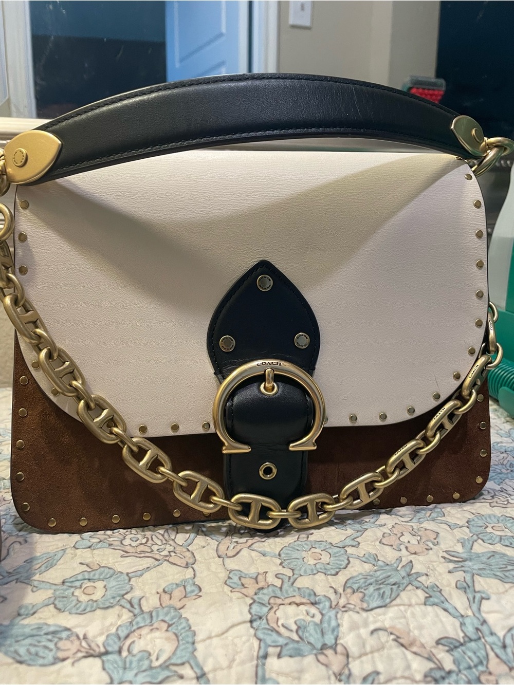 Coach Colorblock Shoulder Bag in Cream, Black & Brown with Gold Hardware